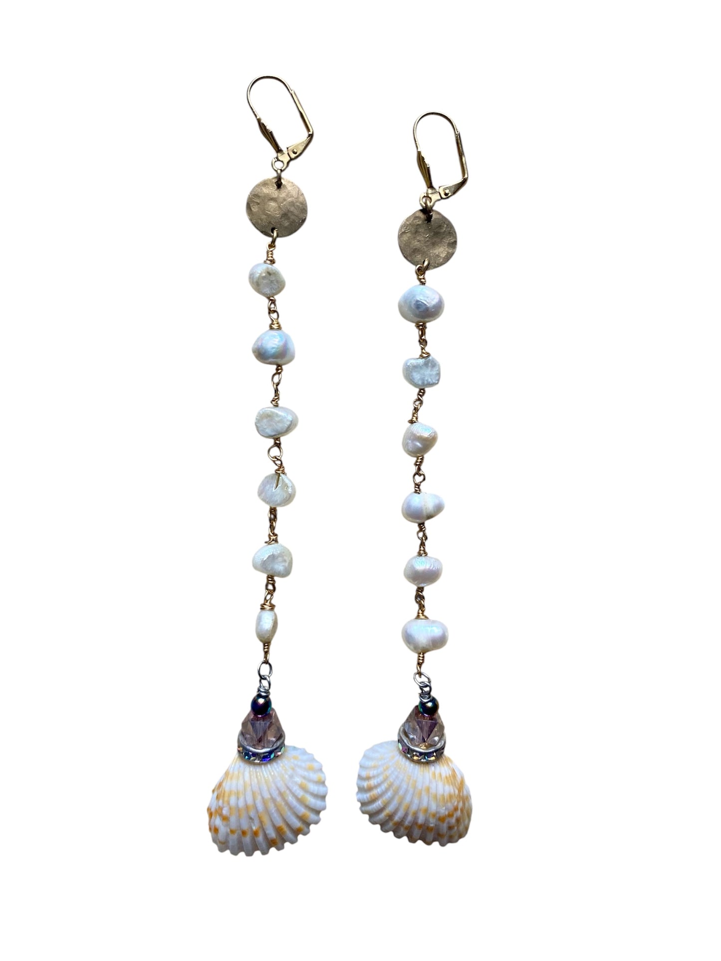 Clamshell drop pearl shoulder duster earrings