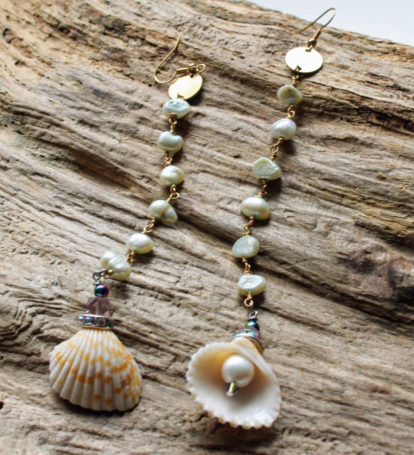 Clamshell drop pearl shoulder duster earrings