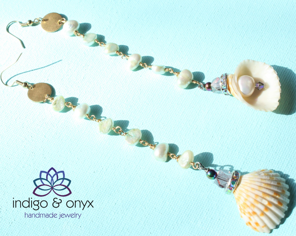 Clamshell drop pearl shoulder duster earrings